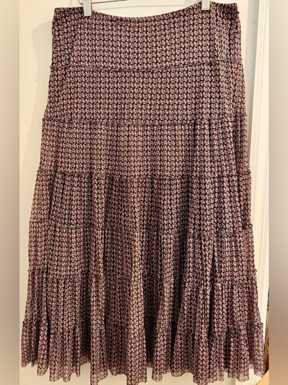 Sophie Max Black with Rust Design Tiered Printed Maxi Skirt